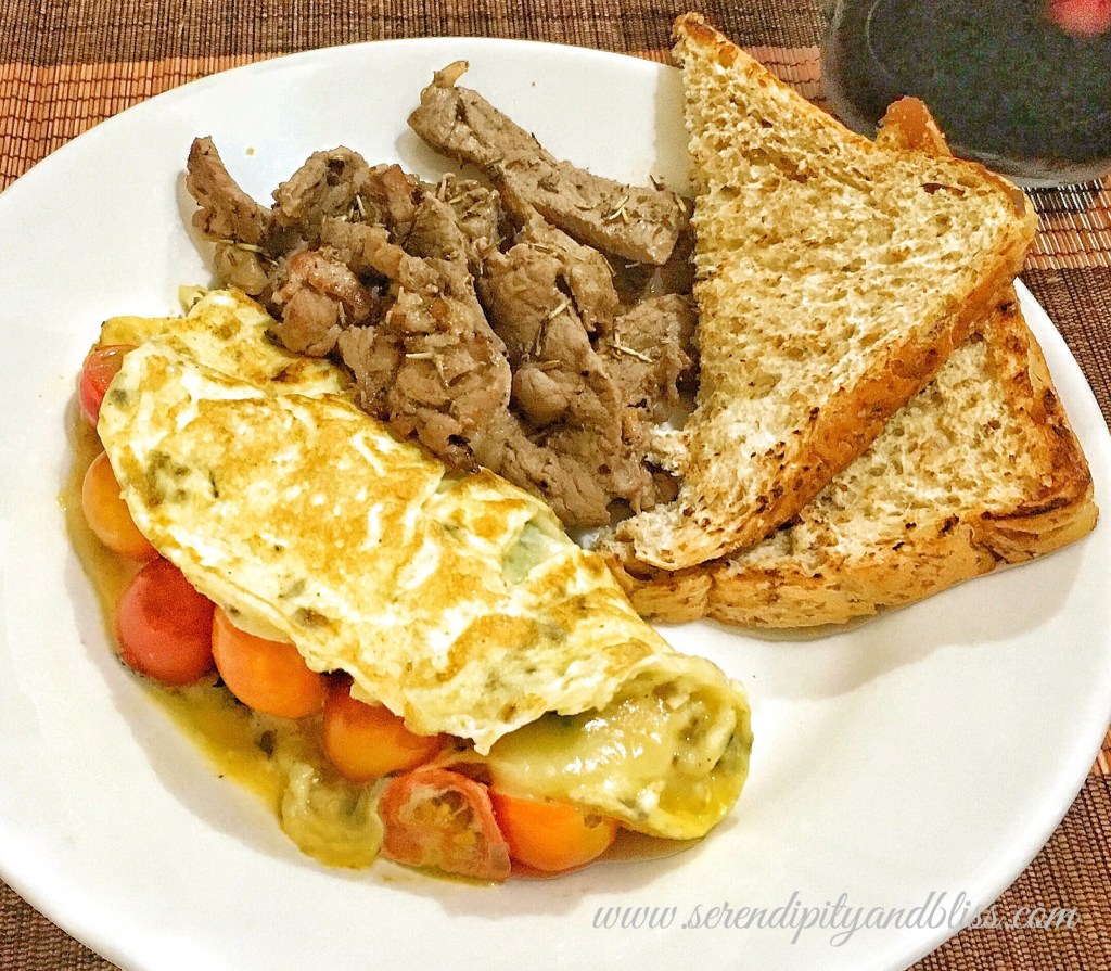 Cheesy Tomato Omelet + Stir Fried Beef 