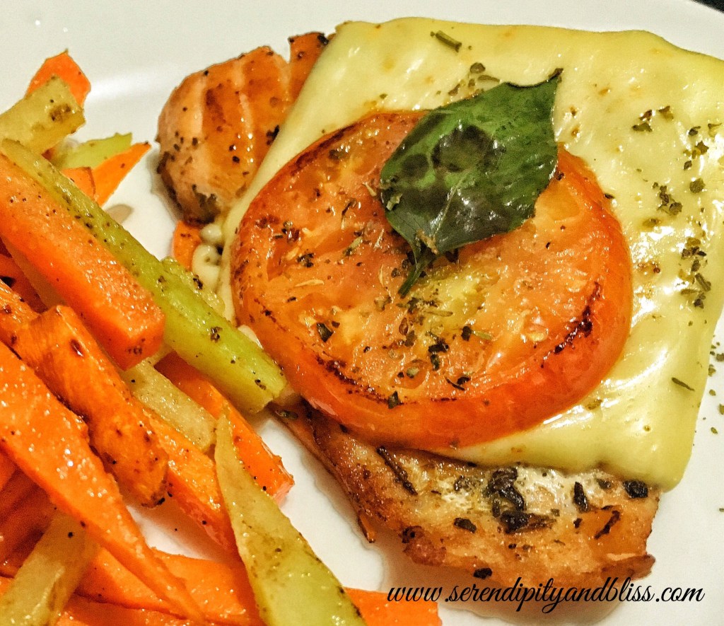 Pan Seared Salmon with Mozzarella and Tomato&nbsp;Slice.